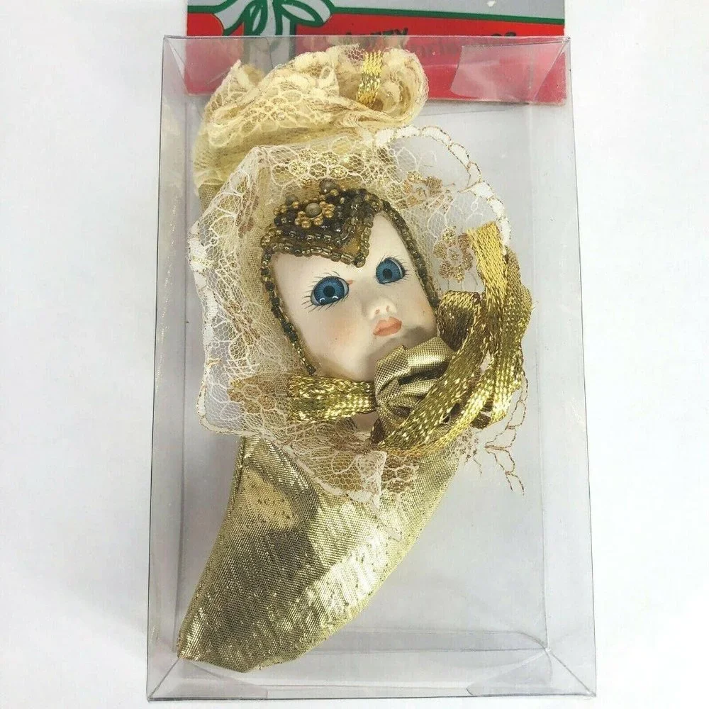 2‎ New Victorian Porcelain Doll Face Christmas Tree Ornaments Beads Lace In Box